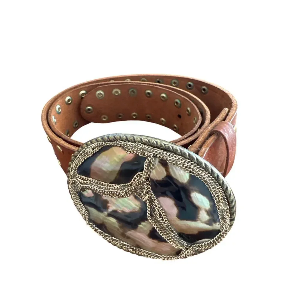 Lauren Hampton Abalone Inlay Western Leather Studded Belt
